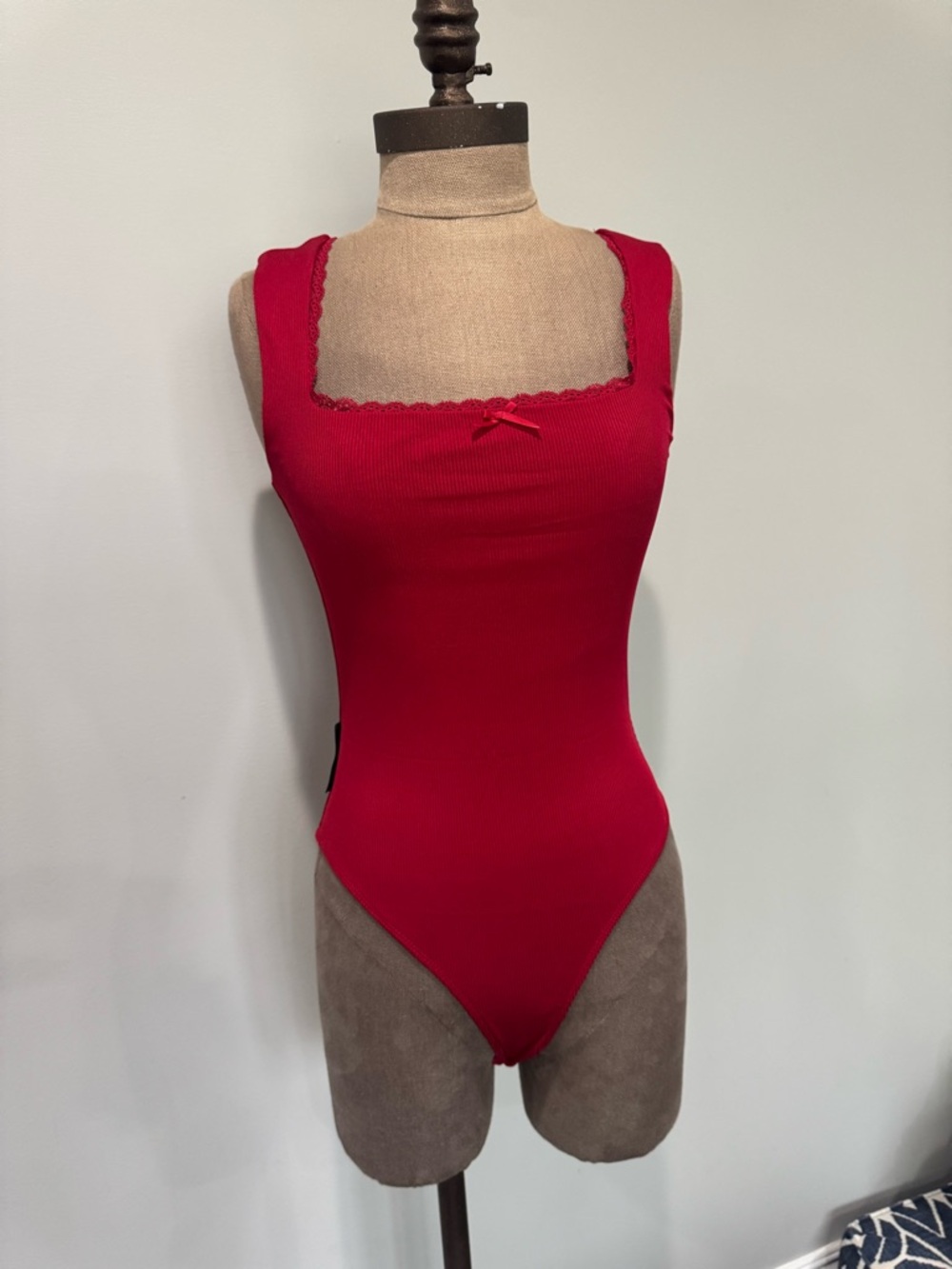 Misguided Red Ribbed Square-Neck Bodysuit